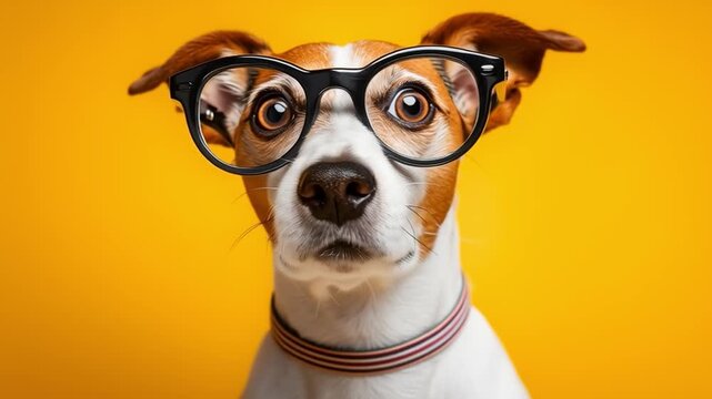 Jack russell terrier dog wearing eyeglasses making funny faces on yellow background