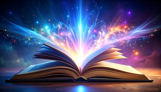 Open book with vibrant magical light and energy exploding outwards into a starry night sky