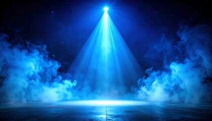 Bright blue spotlight beam illuminating smoky atmosphere on a dark stage with reflective floor