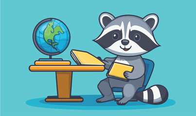 Cute raccoon with books and globe, eager to learn and explore the world