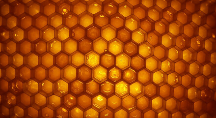 Close-up of Illuminated Golden Honeycomb A Macro Perspective on Nature's Architecture