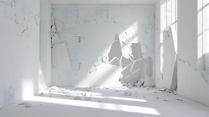 Empty, sunlit room with shattered wall