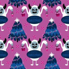 Winter monsters seamless Christmas yeti pattern for wrapping paper and fabrics
