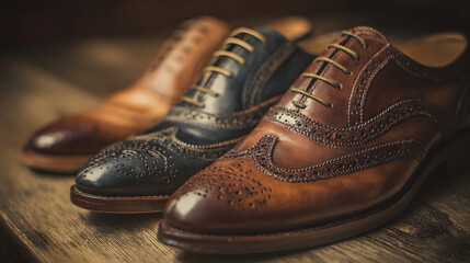 Handmade leather shoes showcased on a wooden surface, highlighting detailed craftsmanship with warm lighting.