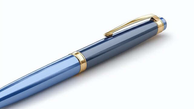 Elegant blue and gold executive ballpoint pen in a smooth, detailed camera pan across its surface, isolated on a clean white background.