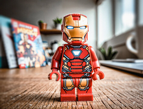LEGO Iron Man Minifigure, Marvel Cinematic Universe (MCU), Comic Book Character, Superhero Collectable Object, Macro Capture, London, UK - July 2025
