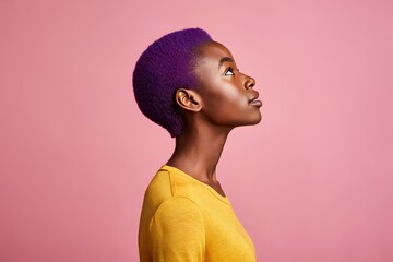 Purple Hair, Yellow Shirt - Woman Looking Up in Profile