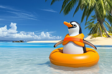 Penguin in a bright orange floaty enjoying a tropical beach on a sunny day with clear blue skies