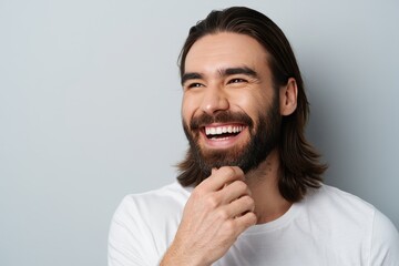 Smiling Man with Long Hair and Beard Looking Upward