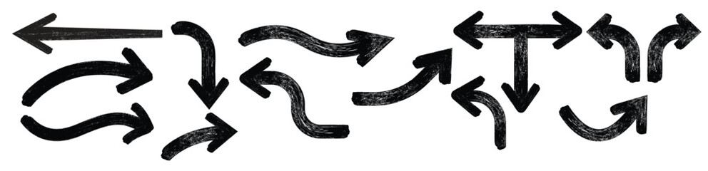 Grunge Brush Arrows Set – Hand Drawn Curved Vector Arrows with Distressed Scratch Texture