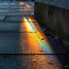 Urban sidewalk rainbow, sunset light, pavement detail, autumn leaves