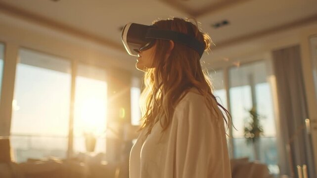 Woman wearing vr headset exploring virtual reality at sunset in modern apartment