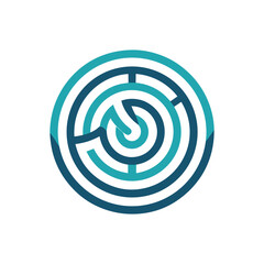 Abstract Circular Maze Graphic: Teal and Dark Blue Concentric Lines, Solution Concept, Problem Solving, Strategy, Business, Technology.