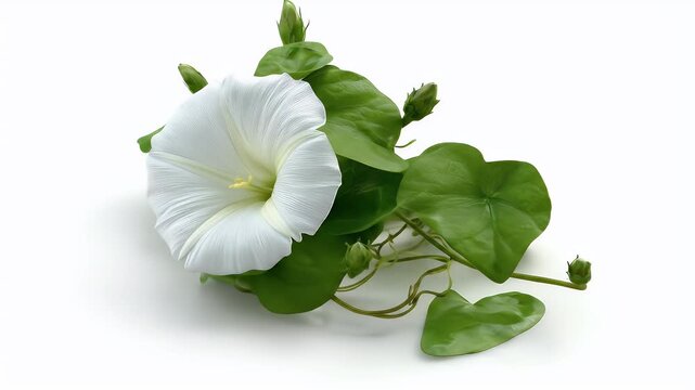 Elegant White Morning Glory Flower with Buds and Vines Unveiling on a Clean White Background
