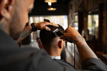 Barber Cutting Client’s Hair with Electric Clippers in Modern Salon