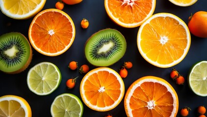 Vibrant Assortment of Citrus Fruits - Kiwi, Orange, and Lime Still Life