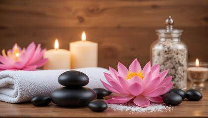 Serene Spa Setting with Pink Lotus and Hot Stones 1.