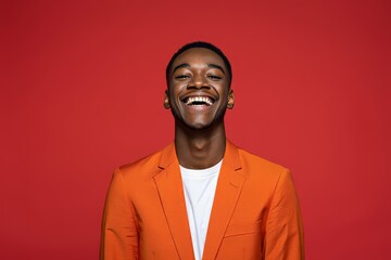 Smiling Black Man in Orange Blazer Against Red Background