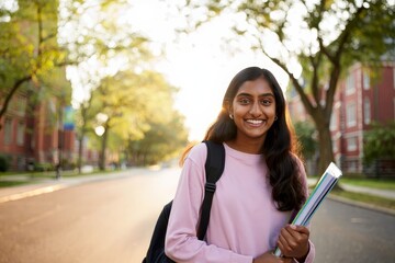 Smiling Student with Books and Backpack on University Campus
