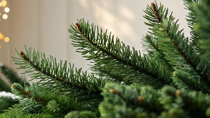 Detailed view of fresh pine branches highlighted by soft light.