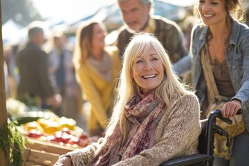 Friends gather at an outdoor market, radiating happiness. A woman in a wheelchair beams with joy, highlighting the importance of inclusivity in social gatherings