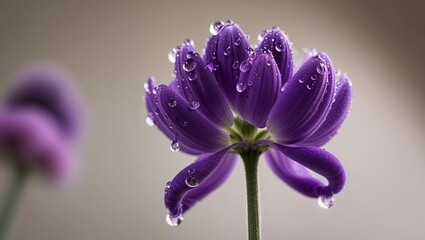A stunning purple flower with dew drops sparkling in soft light.