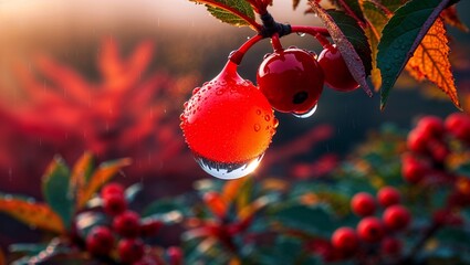 A stunning red berry adorned with glistening water droplets.