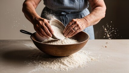 The focused act of pouring flour highlights creativity in the kitchen.