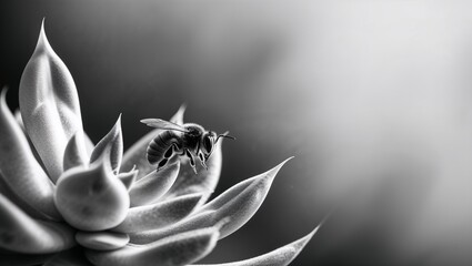 A serene depiction of a bee on a succulent flower in monochrome.