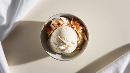 A bowl of creamy ice cream topped with crunchy coconut flakes.