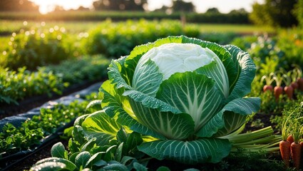A large vibrant cabbage thriving in a picturesque garden setting.