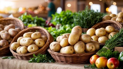 A bountiful display of fresh potatoes showcased in basket style.