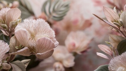 A stunning array of flowers in soft pink hues and intricate textures.