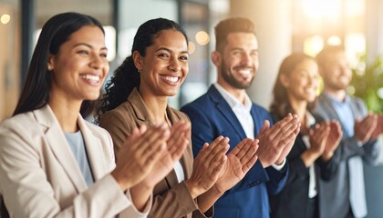 Fototapeta premium A cheerful group of men and women beam with joy as they clap enthusiastically, their energy radiating positivity and shared celebration in a lively moment of connection.