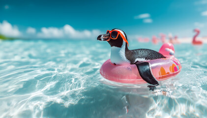 Penguin enjoying a summer day in a pink floaty on clear turquoise water at the beach under a bright blue sky