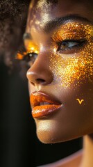 Afro-Caribbean model with metallic gold cat-eye and orange glitter lips, concept of Astro Makeup  