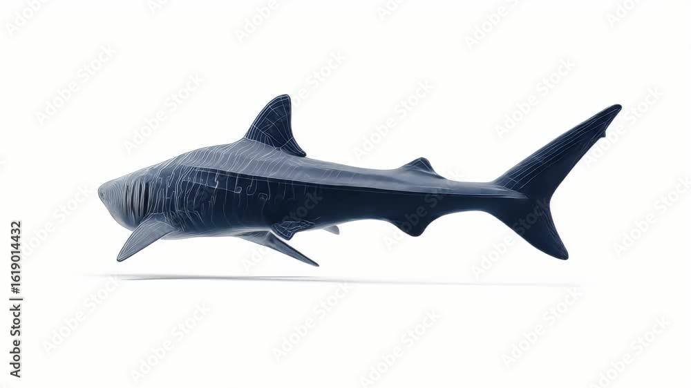 Poster futuristic cgi shark with intricate line patterns swimming on a white background