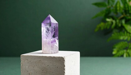Minimalist photo: a crystal or mineral (quartz, amethyst) placed on a concrete pedestal. Background — deep gray-green. Light texture, negative space all around.