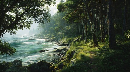 Obraz premium Golden light filters through lush forest trees beside crashing ocean waves at sunrise