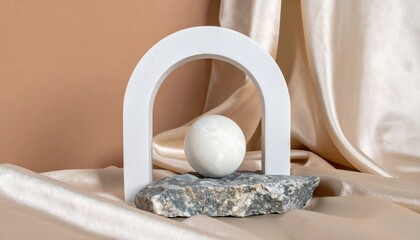 Abstract plaster form (arch, sphere, shapeless figure) on an ivory or cocoa-colored background. Object stands on fabric or polished stone. Minimalism with an artistic touch.