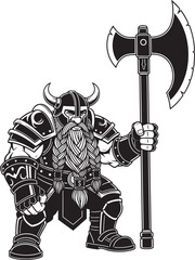 Obraz premium Black and white illustration of a fierce dwarf warrior with a large axe
