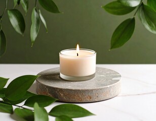 Minimal scene: small round candle or tealight placed on a slab of natural stone (granite, marble, slate). Background — dark olive or clay. One-side light, soft shadow.