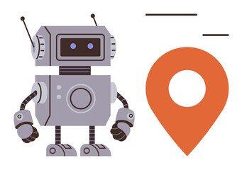 Fototapeta premium Robot with antennae and a digital face standing beside a large orange map pin. Ideal for technology, robotics, AI, navigation, innovation, location tracking, futuristic concepts. Simple flat metaphor