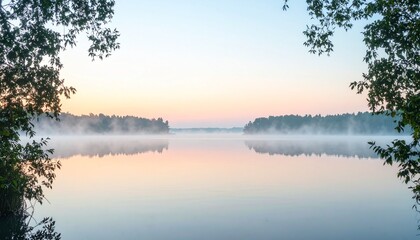 Fototapeta premium 夜明けの静かな湖に霧が漂い、淡い水彩風の樹木とパステル色の空が織りなす穏やかな自然風景とテキスト空間を捉えた写真