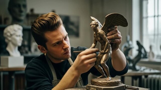 A male sculptor working on a small winged bronze statue in a creative workshop a professional and focused image of a talented artisan and their craft