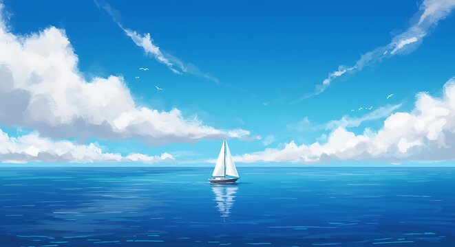 Sailing Boat on Open Water Under Blue Sky with Clouds Peaceful Ocean Voyage