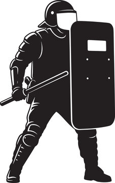 Black silhouette of riot police officer with shield and baton