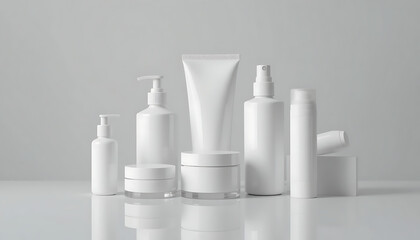 Set of white cosmetic bottles and jars for branding mockup.