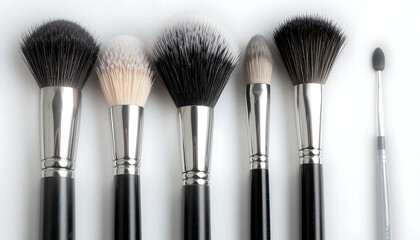 Set of various professional makeup brushes on a white background.