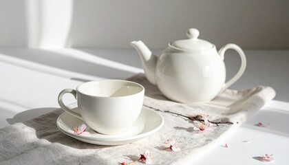 柔らかな光に包まれた白い陶器の急須と湯呑がリネン布の上に置かれ、散りばめられた桜の花びらと優しい影が織りなす和の静物写真

